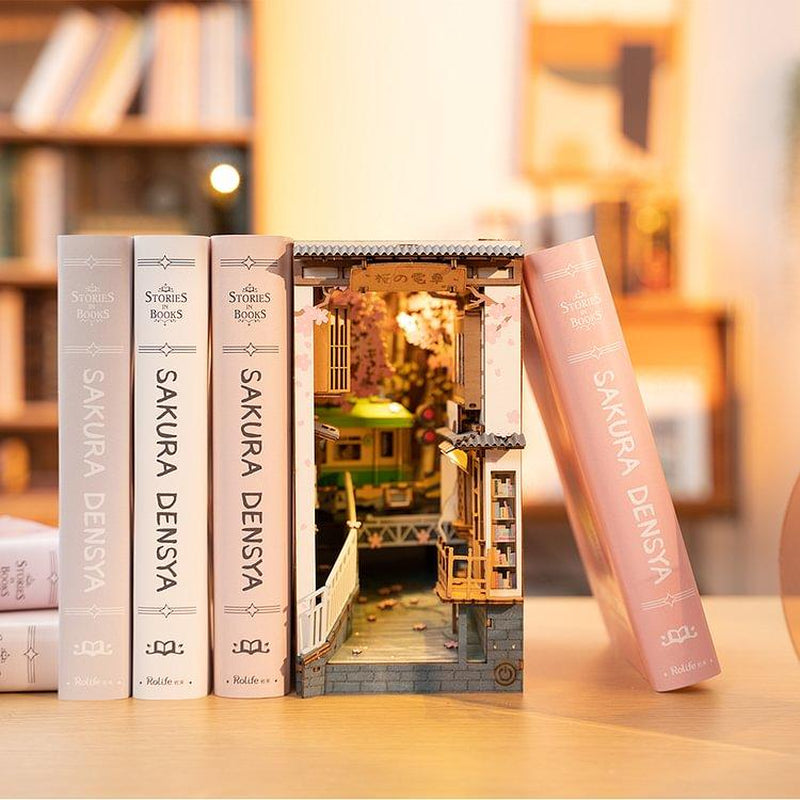 Rolife DIY Book Nook Kit Decorative Bookend Insert Bookcase Book Stand Miniature House Kit with LED Light Creative Gift for Birthdays Light Effect