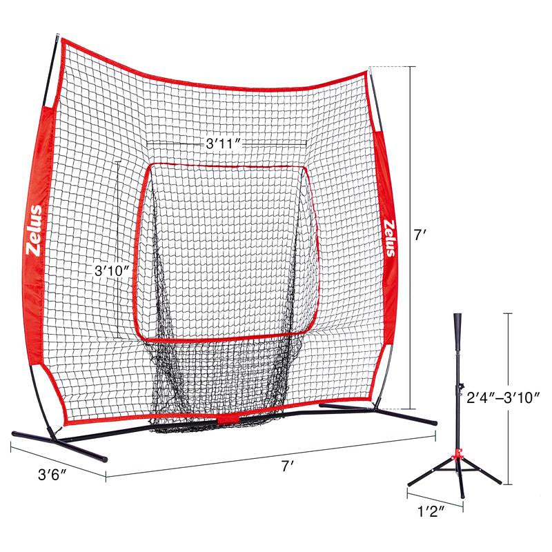 ZELUS 7X7Ft Baseball Net | Baseball Softball Practice Net with Tee, Baseballs and Carry Bag for Batting Hitting and Pitching New Bat