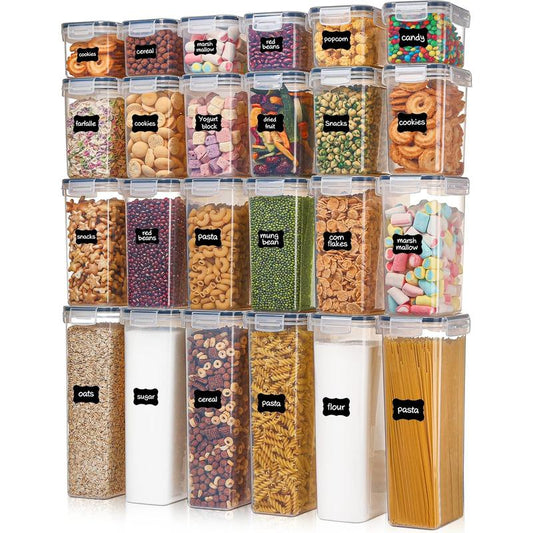 Airtight Food Storage Containers with Lids, Vtopmart 24 Pcs Plastic Kitchen and Pantry Organization Canisters for Cereal, Dry Food, Flour and Sugar, BPA Free, Includes 24 Labels，Black Vtopmart