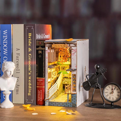 Rolife DIY Book Nook Kit Decorative Bookend Insert Bookcase Book Stand Miniature House Kit with LED Light Creative Gift for Birthdays Light Effect