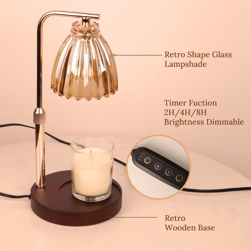 [Spring Sale] DORABOL Fragrance Candle Warmer Lamp with 2 Bulbs Electric Candle Warmer with Timer & Dimmer for Home Decor Wax Melt for Small Large Size Jar Candles Retro Wooden Base